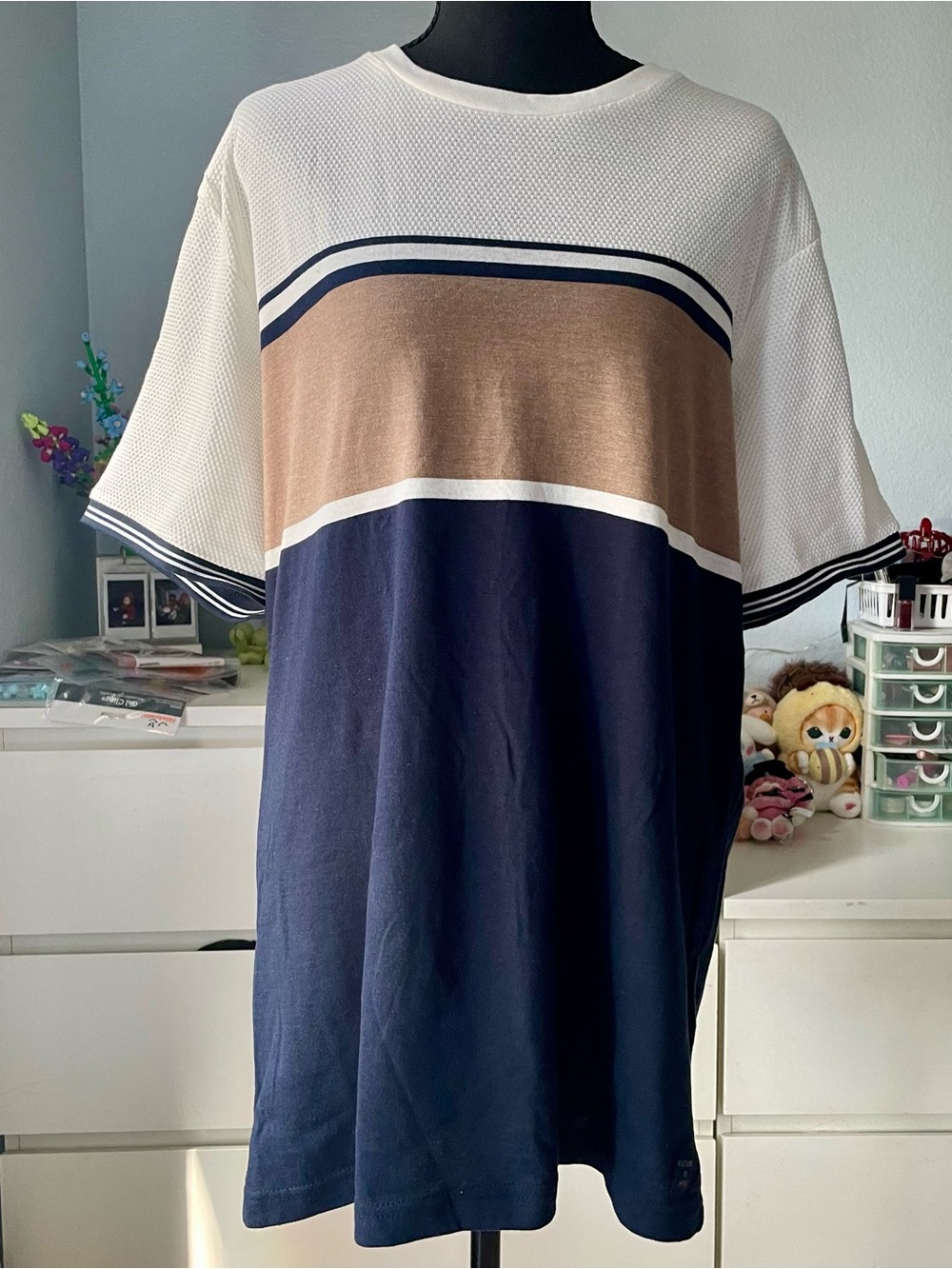 New Denim & Flower Ricky Singh Color Block Tee Men’s Size XL Navy Brown Ivory